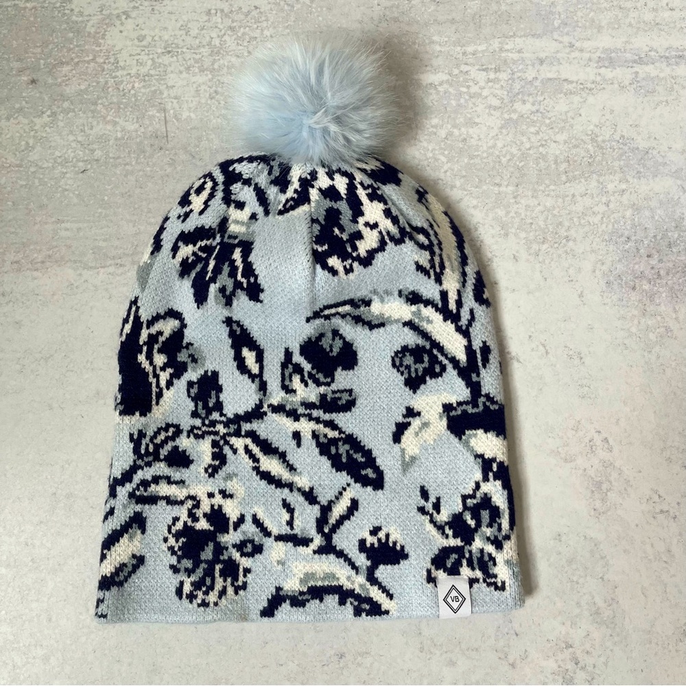 Vera Bradley Beanie Hat Light Blue Floral Pom Pom